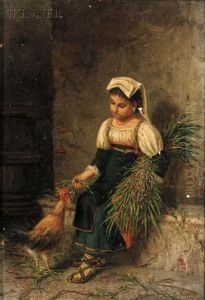 Portrait Of A Woman Feeding A Rooster