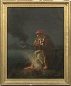 Peasant Smoking Pipe, Mount Vesuvius Vistible In The Distance by Gaetano Mormile