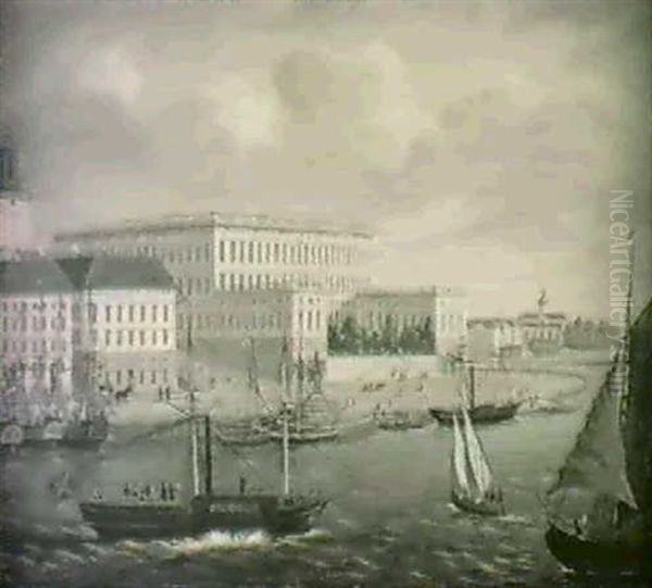 Stockholmsmotiv Med Slottet - I Forgrunden Ang- Och Segelbatar - view 1
