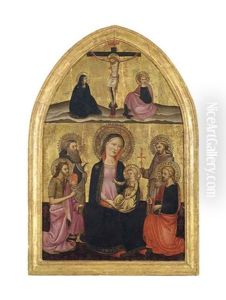 The Madonna And Child Enthroned With Saints Francis Of Assisi, James The Great, John The Baptist And Anthony Abbot, With The Crucifixion Above by Ventura Di Moro
