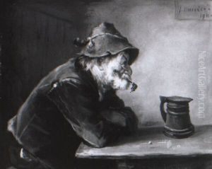 Bauer Am Tisch Vor Seinem Bierkrug Sitzend by Josef Theodor Moroder-Lusenberg