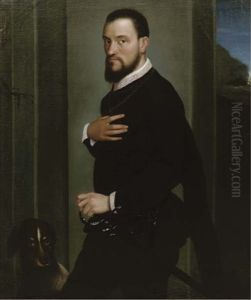 Portrait Of A Nobleman, Three-quarter-length, In A Black Costume With Lace Chemise, His Left Hand On The Hilt Of A Sword, His Dog By His Side