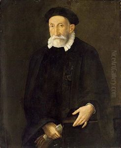 A Portrait Of A Bearded Gentleman, Three-quarter Length, Wearing A Black Suit With White Lace Collar And A Black Cap, Leaning On A Desk And Holding A Letter And Gloves In His Right Hand