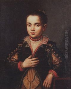 Portrait Of A Young Girl Wearing A Green Coat And A Beaded Necklace by Giovanni Battista Moroni
