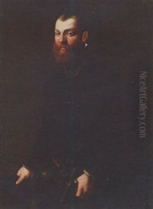 Portrait Of A Gentleman In Black Costume And Gold Chains, His Hand Resting On A Sword by Giovanni Battista Moroni