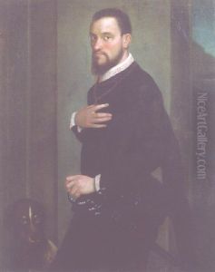 Portrait Of A Bearded Nobleman, Wearing Black Costume With Lace Chemise, Holding A Sword, His Dog By His Side