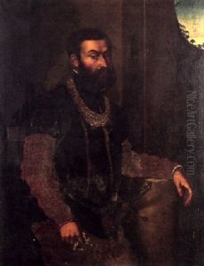 Portrait Of A Gentleman With A Sword Wearing A Red-sleeved Tunic And Holding A Pair Of Gloves by Giovanni Battista Moroni