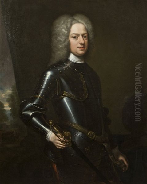 Portrait Of A Gentleman In Armor, His Hand Holding His Sword, Behind Him A Distant Landscape With Troop Of Horses In Redcoats - view 1
