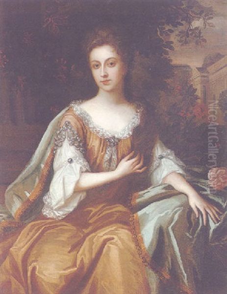 Portrait Of A Lady Seated In A Landscape Wearing A Brown Dress And Blue Robes - view 1