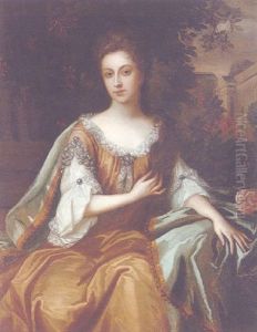 Portrait Of A Lady Seated In A Landscape Wearing A Brown Dress And Blue Robes by Garret Morphey
