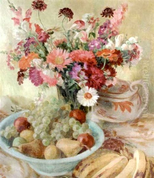 A Still Life Of Daisies And Poppies In A Vase, A Bowl Of Fruit Beside - view 1