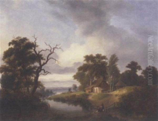 Washerwoman By A River With A Cottage Beyond - view 1