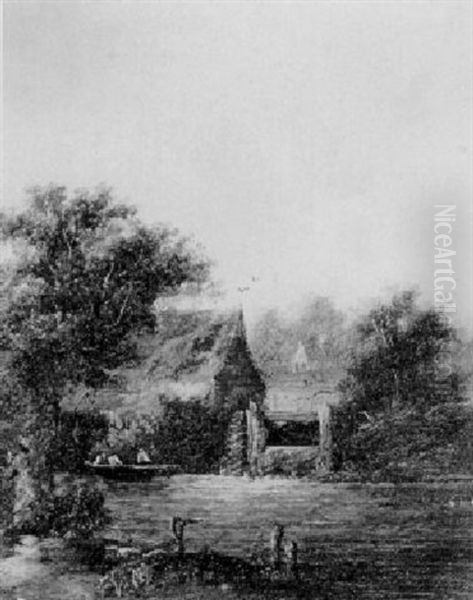 Figures In A Boat Beside A Lock In A Wooded River Landscape - view 1