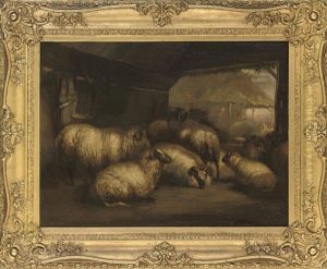 Sheep In A Barn (+ Cattle And Sheep In A Barn; Pair) by John W. Morris