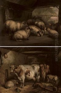 Sheep In A Barn (+ Cattle And Sheep In A Barn; Pair) by John W. Morris