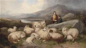 A Shepherd With His Flock In A Highland Landscape by John W. Morris