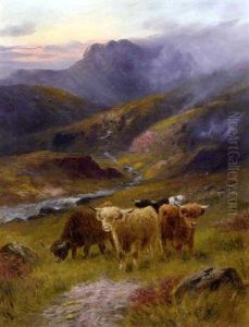 Cattle Watering, With Mist Rolling In (+ Cattle In A Highland Landscape; Pair) by John W. Morris