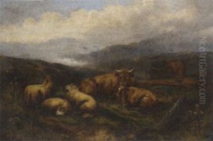 Highland Cattle And Sheep At Rest by John W. Morris
