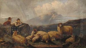 A Shepherd And His Flock In A Highland Landscape by John W. Morris
