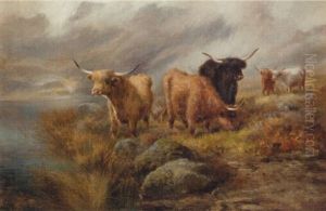 Highland Cattle In A Mountainous Loch Landscape by John W. Morris