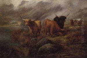 Highland Cattle By A Loch by John W. Morris
