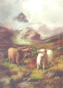 Highland Cattle In A Mountainous Landscape by John W. Morris