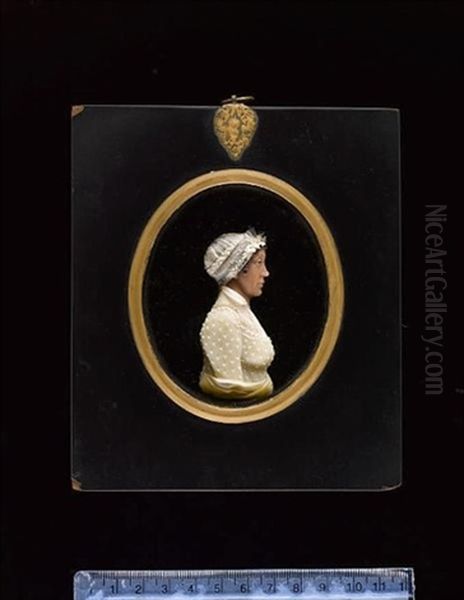 A Lady, Profile To Right, Wearing Sprigged White Dress, Her Brown Hair Upswept Beneath A Ruffled White Cap - view 1