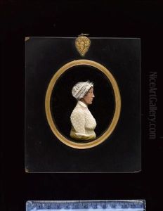 A Lady, Profile To Right, Wearing Sprigged White Dress, Her Brown Hair Upswept Beneath A Ruffled White Cap