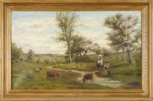 Pastoral Landscape With Cattle And Figures By The Stream by Jonathan Bradley Morse