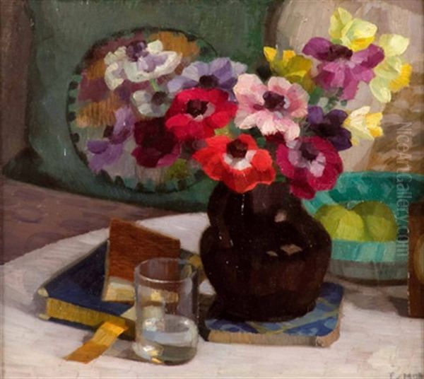 Stillleben Mit Blumen In Vase, Glas Und Buchern - view 1