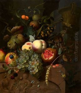 Stillleben Mit Pfirsichen, Trauben, Apfeln Und Einem Granatapfel Auf Einem Steinrelief Stillleben Mit Pfirsichen, Trauben, Apfeln Und Einem Granatapfel Auf Einem Steinrelief