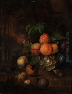 Fruchtestillleben Mit Landschaft Im Hintergrund by Jan Mortel