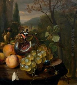 Still Life With Apricots, Grapes, A Fig And A Butterfly On A Stone Plinth by Jan Mortel