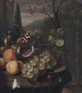Apricots, Grapes, A Fig With A Butterfly, Blackberries And A White Moth On A Marble Ledge In An Italianate Landscape
