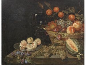 Peaches On A Pewter Plate And A Wicker Basket Of Fruit, With A Split Melon And Grapes On A Stone Ledge by Jan Mortel