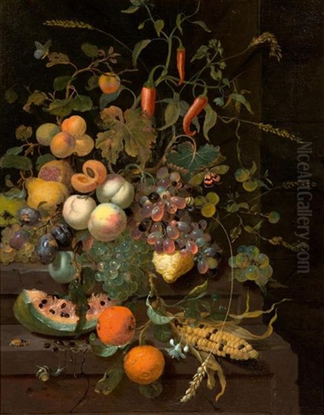 Fruchtestillleben Mit Pfirsichen, Trauben, Aprikosen, Melone, Bitterorangen, Einem Maiskolben Und Verschiedenen Kleinen Insekten - view 1