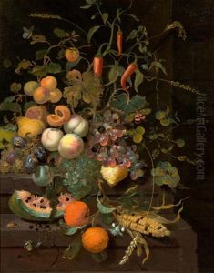 Fruchtestillleben Mit Pfirsichen, Trauben, Aprikosen, Melone, Bitterorangen, Einem Maiskolben Und Verschiedenen Kleinen Insekten