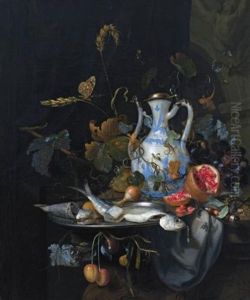 A Still Life With A Chinese Porcelain Jug, A Pewter Plate With A Herring, A Pomegranate, A Knife, An Onion, Grapes And Cherries, Together With A Snail And A Butterfly, All On A Stone Table Draped With A Grey Cloth