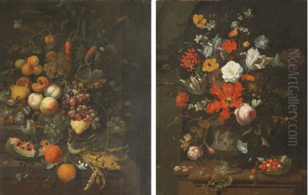 Tulips, Roses, Carnations, Lillies On A Stone Ledge (+ Oranges, A Watermelon...;pair) - view 1