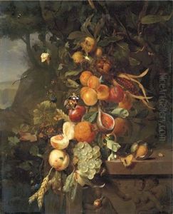 Peaches, Apricots, Grapes, Oranges, Blackberries, Sheafs Of Corn And A Pomegranate On A Plinth With A Sculpted Relief, With Butterflies, A Snail And A Ladybird, In A Mountainous Landscape