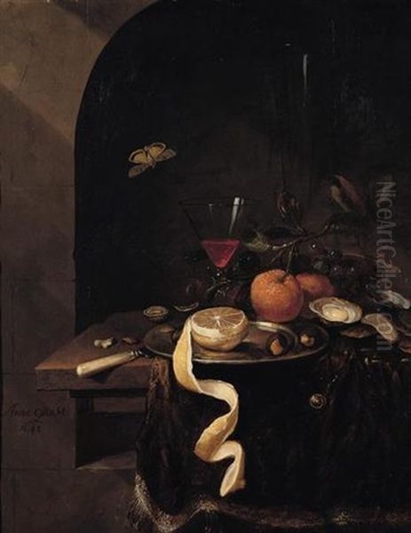 Still Life Of A Wine Glass With Oranges, Grapes, Oysters, Nuts And A Peeled Lemon Upon A Pewter Plate, Arranged On A Ledge Draped With A Brown Cloth Within A Stone Niche - view 1