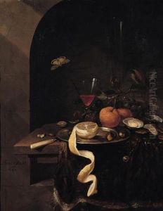 Still Life Of A Wine Glass With Oranges, Grapes, Oysters, Nuts And A Peeled Lemon Upon A Pewter Plate, Arranged On A Ledge Draped With A Brown Cloth Within A Stone Niche by Jan Mortel