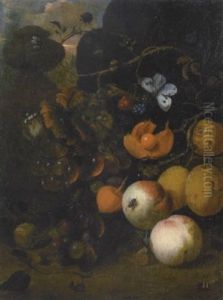 A Still Life With Peaches, Plums, Grapes And Blackberries By A Pedestal