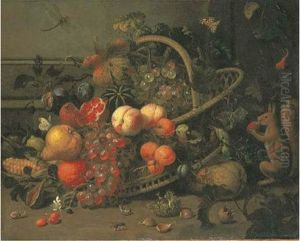 Apricots, Peaches, Plums, A Pomegranate And Other Fruits, And Corn In A Basket, With Cherries, Chestnuts, Snails, A Bee, A Squirrel And A Dragonfly by Jan Mortel