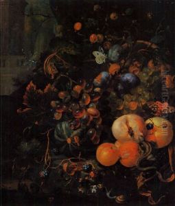 A Forest Floor Still Life With Peaches, Plums, Grapes On The Vine And Other Fruits, With A Lizard, A Snail And Butterflies by Jan Mortel