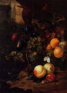 Peaches, Plums, Grapes On The Vine And Other Fruit In A Basket, With A Snail, A Dragonfly And A Mouse