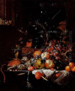 Nature Morte Aux Fruits, Verre De Vin Et Insectes by Jan Mortel
