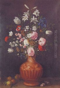 Lilies, Roses, Tulips, Carnations And Other Flowers In A Vase With Peaches On A Stone Ledge by Jan Mortel