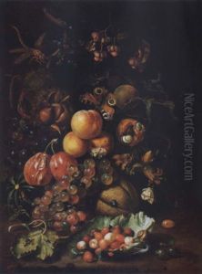 Elaborate Still Life Of Fruit And Insects On The Ground by Jan Mortel