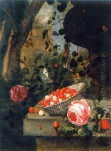 A Branch Of Roses And Fraise-de-bois In A Klapmuts By An Ivy Covered Sculpted Vase